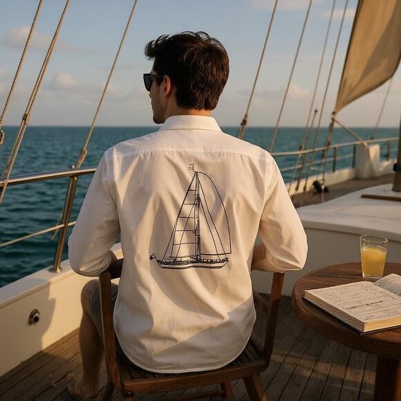 Turnbury Other - Turnbury 100% Cotton Button Up Shirt Long Sleeve White Sail Boat Size Large EUC